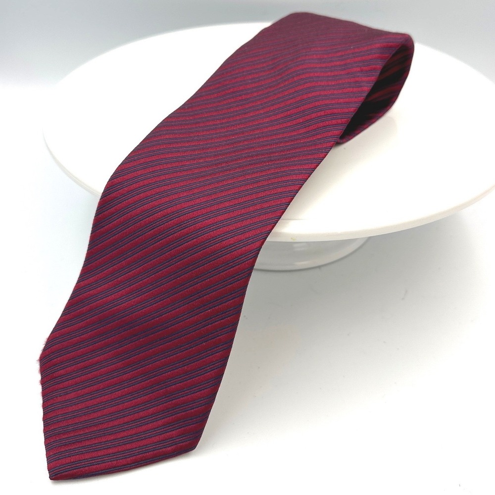 Lord & Taylor Mens Silk Necktie Burgundy Navy Blue Striped Made in USA